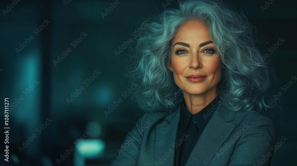A happy mature woman in her 60s, dressed in a sharp business suit, confidently stands in a bright office, exuding warmth and authority amidst a professional setting A happy mature woman in her 60s, dressed in a sharp business suit, confidently stands in a bright office, exuding warmth and authority amidst a professional setting