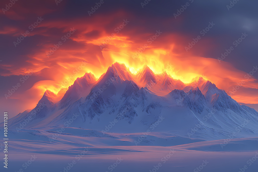 An orange-yellow sunset cloud forms over distant mountains and clouds , glinting orange-yellow light against white An orange-yellow sunset cloud forms over distant mountains and clouds , glinting orange-yellow light against white
