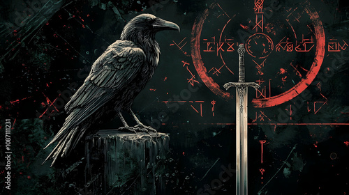 In modern illustrations pagan norse design with raven sword and runes on a black background. Fenrir. Illustration photo