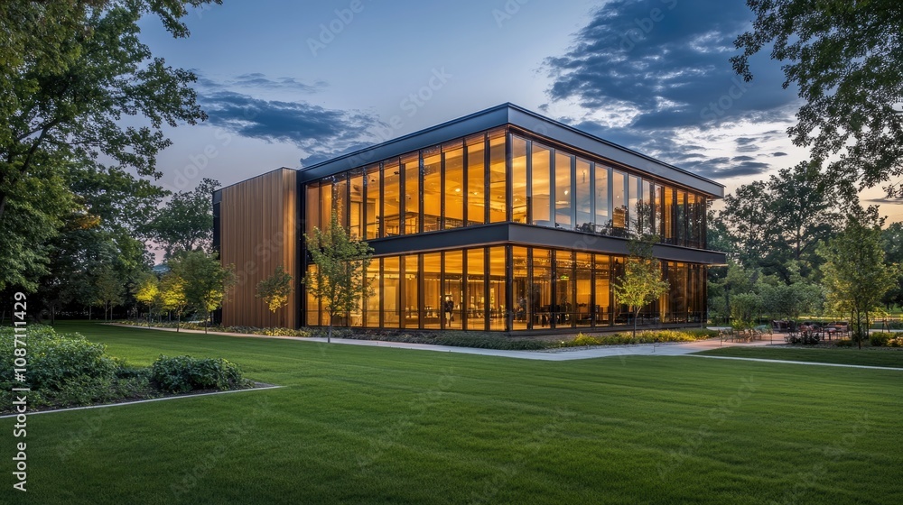 Fototapeta premium Modern architectural marvel showcasing a sleek glass and metal design, surrounded by lush greenery and illuminated by warm evening light.