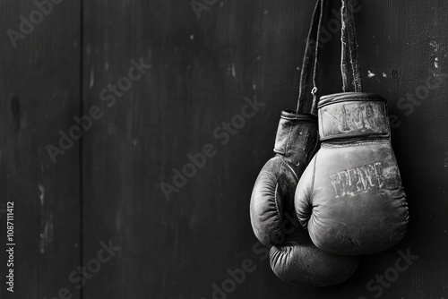 Black and white photograph of vintage boxing gloves hanging on the wall