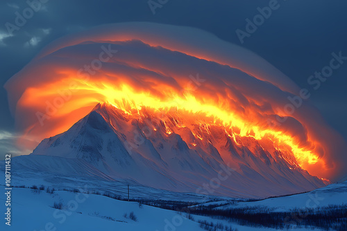 An orange-yellow sunset cloud forms over distant mountains and clouds , glinting orange-yellow light against white