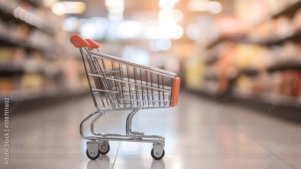 Empty metal shopping cart in blurred supermarket aisle with fluorescent lighting and beige floor tiles, copy space Empty metal shopping cart in blurred supermarket aisle with fluorescent lighting and beige floor tiles, copy space
