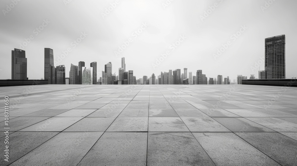 Empty square floor with city skyline background, Timeless cityscape elegance, classic architectural motifs Empty square floor with city skyline background, Timeless cityscape elegance, classic architectural motifs