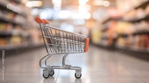 Wallpaper Mural Empty metal shopping cart in blurred supermarket aisle with fluorescent lighting and beige floor tiles, copy space Torontodigital.ca