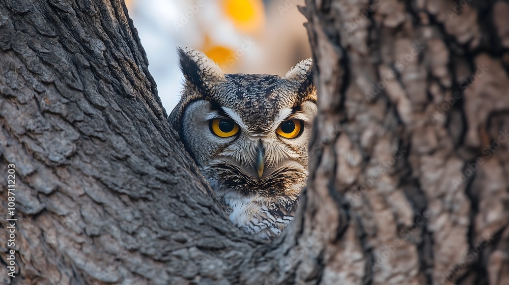 Great Horned Owl peering intently from tree cavity at sunset, piercing yellow eyes, close-up portrait, copy space Great Horned Owl peering intently from tree cavity at sunset, piercing yellow eyes, close-up portrait, copy space