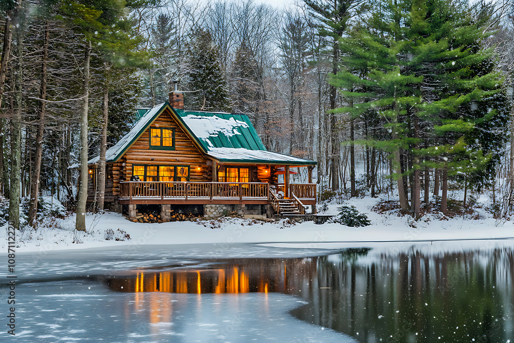 Fototapeta premium A cozy cabin nestled in the snow-covered woods, surrounded by towering pine trees and reflecting on an icy pond. An old house with a porch, wooden walls, green roof, and windows, with warm light.