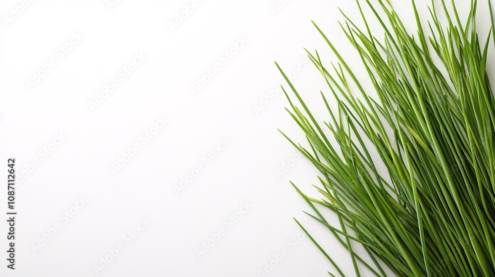 Fototapeta premium Isolated on white background chives with long slender green stems aligned in a minimalist arrangement and side empty space for text Stockphoto style