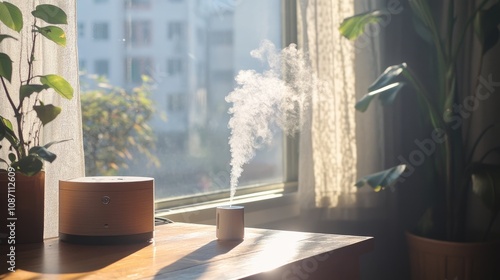 Air purifier releasing mist in a sunlit room with indoor plants, highlighting efforts to measure air quality for a healthier environment.