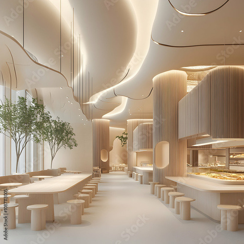 
Interior of a food court in a shopping mall designed in a minimalist contemporary style with light beige tones. Generative AI. photo