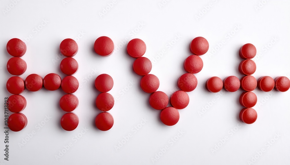 Visualizing the Fight Against HIV. Red Pills Arranged in 'HIV+' to Highlight Modern Antiretroviral Therapies, Advances in Treatment, and Public Health Efforts to Combat HIV/AIDS Worldwide Visualizing the Fight Against HIV. Red Pills Arranged in 'HIV+' to Highlight Modern Antiretroviral Therapies, Advances in Treatment, and Public Health Efforts to Combat HIV/AIDS Worldwide