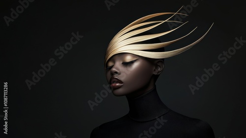 A woman with a gold headpiece is the main focus of the image