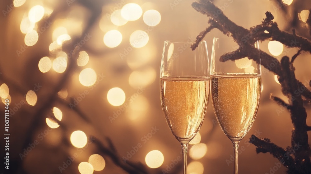 Elegant champagne glasses amid tree branches, set against a warm, shimmering bokeh backdrop, creating a festive and celebratory atmosphere. Elegant champagne glasses amid tree branches, set against a warm, shimmering bokeh backdrop, creating a festive and celebratory atmosphere.
