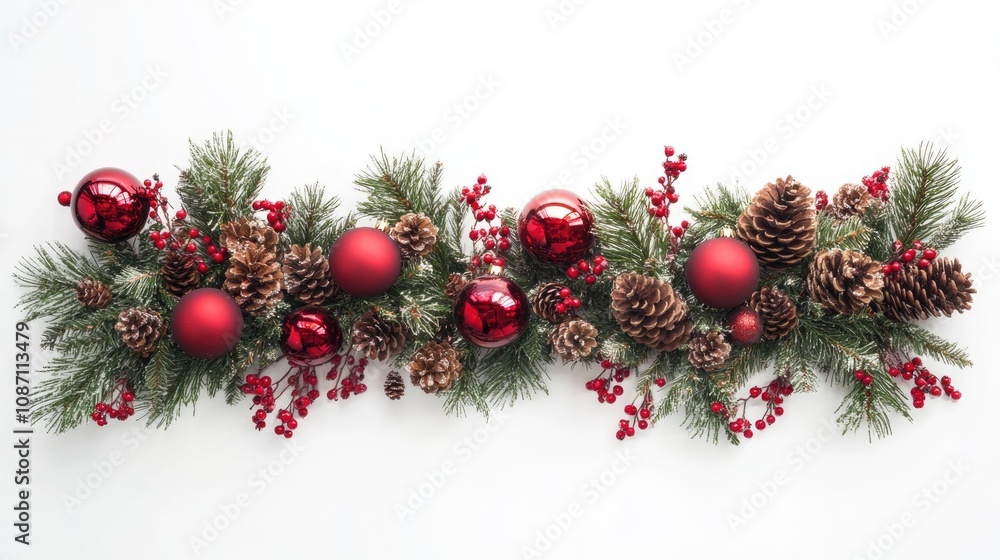 Festive Christmas garland adorned with red ornaments, pine cones, and berries, beautifully arranged against a crisp white background. Festive Christmas garland adorned with red ornaments, pine cones, and berries, beautifully arranged against a crisp white background.