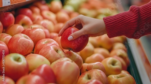 Woman Choosing the Ripest Apples from a Bountiful Display in a Grocery Store, Filled with Fresh and Juicy Red and Green Fruits photo