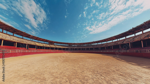 Empty Spanish bullfight arena with circular architecture, sandy floor, and clear blue skies, symbolizing tradition and culture