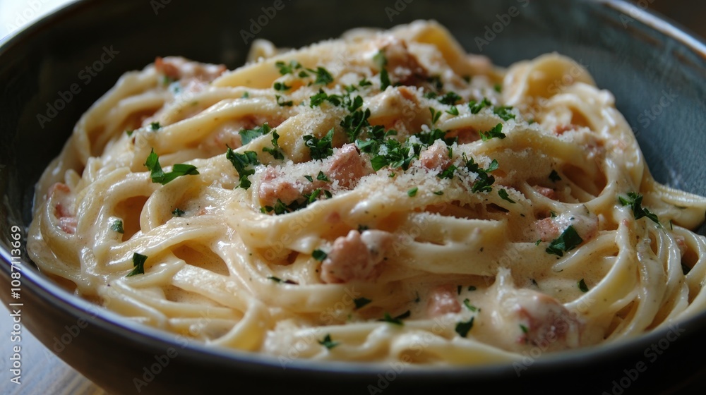 Linguine Alfredo with Creamy Sauce, Parmesan Cheese, and Fresh Parsley in a Rustic Ceramic Bowl Linguine Alfredo with Creamy Sauce, Parmesan Cheese, and Fresh Parsley in a Rustic Ceramic Bowl