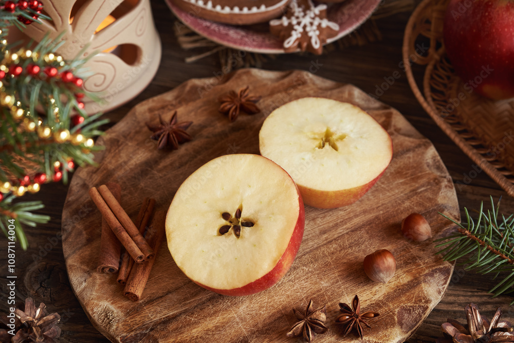 Two halves of a red apple with a star in the middle with Christmas decoration Two halves of a red apple with a star in the middle with Christmas decoration