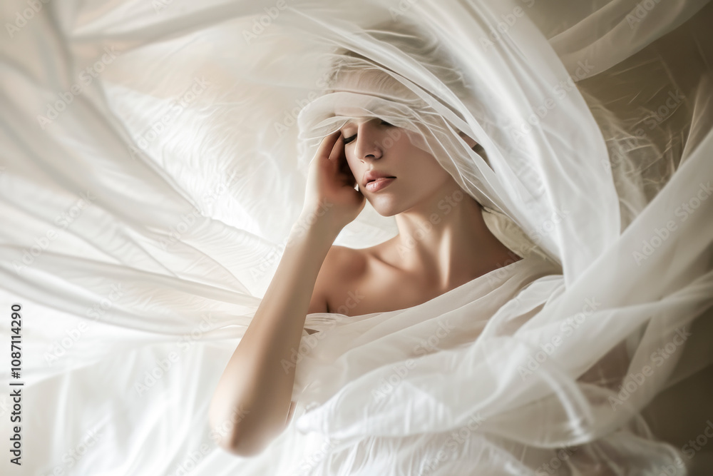 Elegant woman wrapped in flowing white fabric, with a serene and dreamy expression in soft natural light Elegant woman wrapped in flowing white fabric, with a serene and dreamy expression in soft natural light