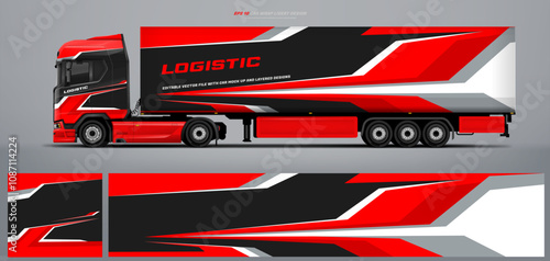 Vector truck trailer livery design template. Truck Cargo delivering vehicle paintjob. Mock up and design on separate layers vector files.
