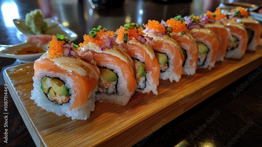 Artfully arranged sushi rolls with salmon and avocado on a wooden platter, enhanced by gentle lighting and garnished with colorful toppings.