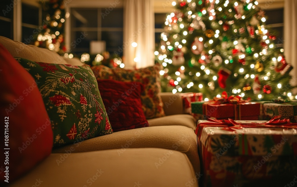 Festive Living Room: A cozy modern living room with a beautifully decorated Christmas tree, sparkling fairy lights, wrapped presents under the tree, and a soft beige sofa with red and green cushions. Festive Living Room: A cozy modern living room with a beautifully decorated Christmas tree, sparkling fairy lights, wrapped presents under the tree, and a soft beige sofa with red and green cushions.