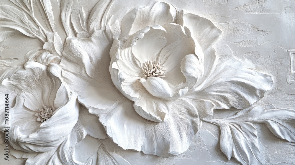 Intricate Floral Relief Sculpture in White Plaster Featuring Lush Blossoms and Delicate Petals on a Textured Background Intricate Floral Relief Sculpture in White Plaster Featuring Lush Blossoms and Delicate Petals on a Textured Background