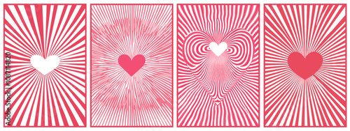 Vertical pattern set with heart in the center. Abstract striped lines optical illusion effect. Pink and red colors. Valentine day poster backgrounds. Social media card design. Flat style vector