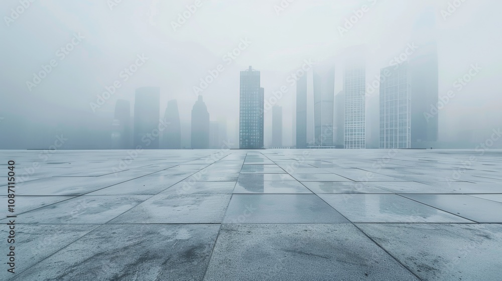 Empty square floor with city skyline background, Elemental urban harmony, natural elements fused with urban landscape Empty square floor with city skyline background, Elemental urban harmony, natural elements fused with urban landscape