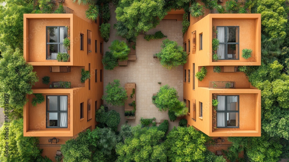 Aerial view of modern buildings surrounded by lush greenery. Aerial view of modern buildings surrounded by lush greenery.