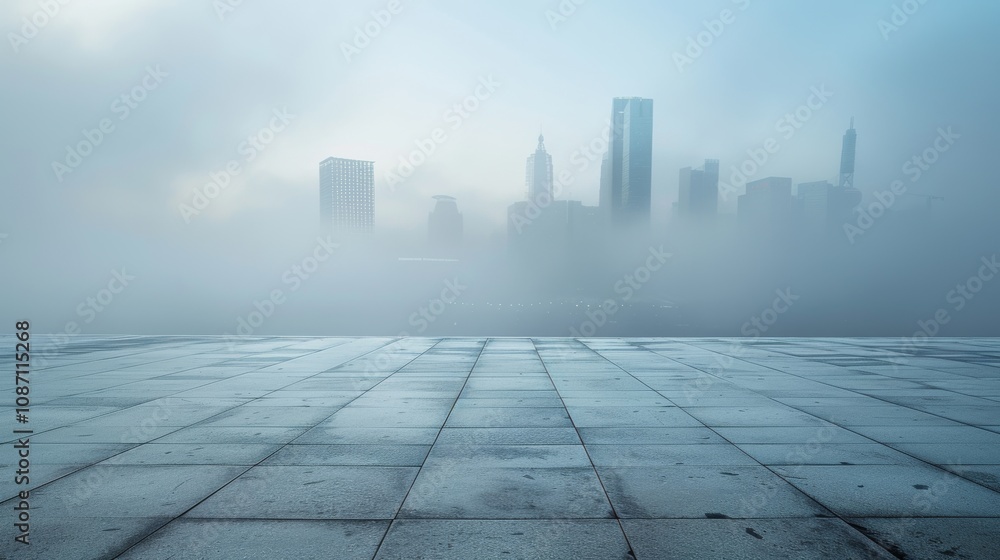 Empty square floor with city skyline background, Elemental urban harmony, natural elements fused with urban landscape Empty square floor with city skyline background, Elemental urban harmony, natural elements fused with urban landscape
