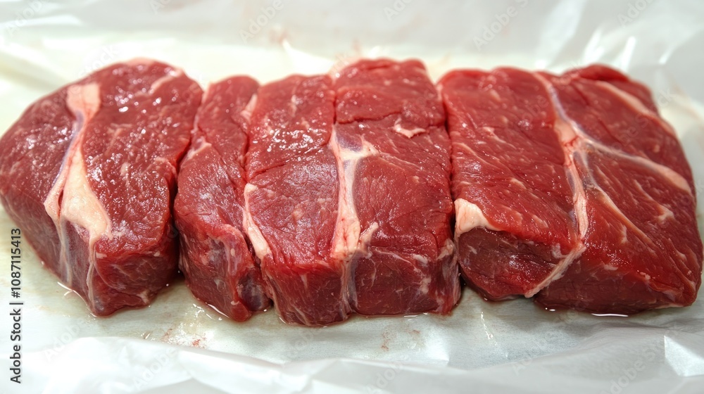 Juicy fresh raw pork tenderloin cuts displayed on white packaging showing marbling and vibrant red color, ideal for culinary preparation. Juicy fresh raw pork tenderloin cuts displayed on white packaging showing marbling and vibrant red color, ideal for culinary preparation.