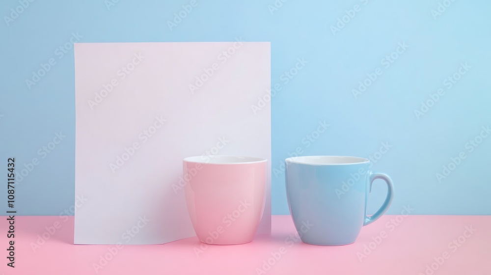 Ceramic coffee cups in pastel blue and pink backgrounds with a blank sheet of paper creating a serene and minimalist aesthetic. Ceramic coffee cups in pastel blue and pink backgrounds with a blank sheet of paper creating a serene and minimalist aesthetic.