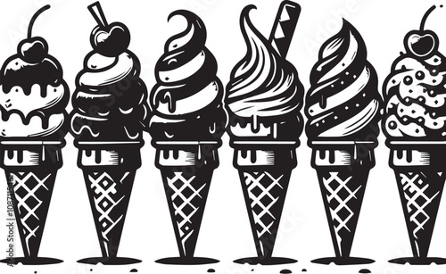 Vintage Ice Cream Cones - Classic Graphic Design. Three intricately detailed ice cream cones in a vintage, graphic design style.