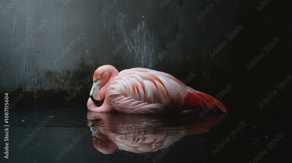 Fototapeta premium Resting flamingo with submerged feet, gracefully nestled against a dark, moody background, creating a serene water reflection effect.