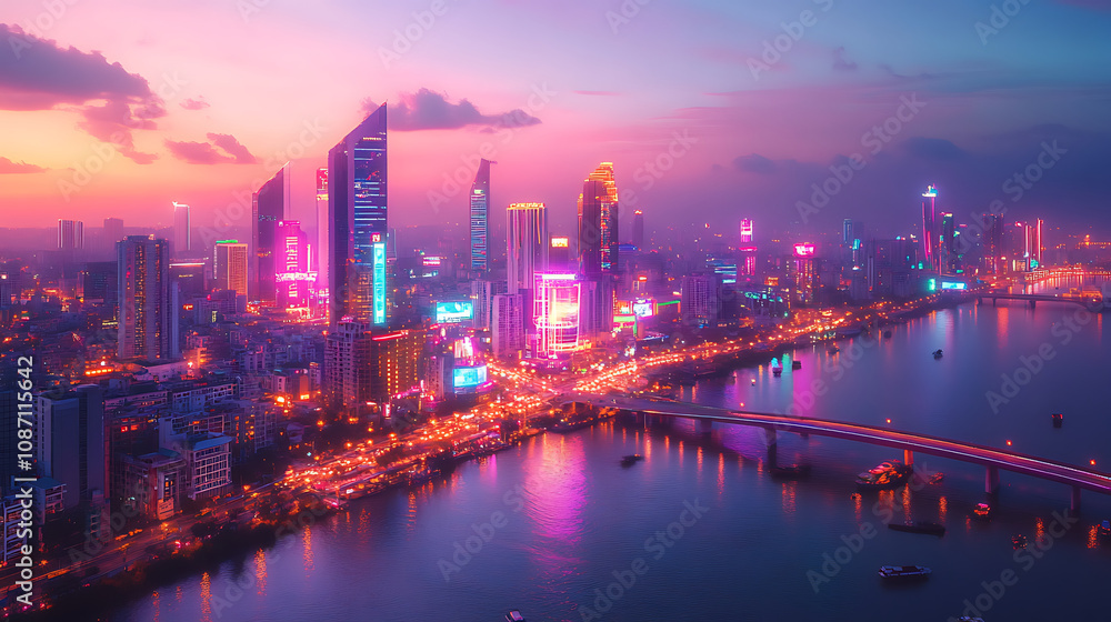 stunning elevated view of captivating sci fi city at dusk, showcasing vibrant neon lights and modern architecture reflecting on water. atmosphere is enchanting and futuristic stunning elevated view of captivating sci fi city at dusk, showcasing vibrant neon lights and modern architecture reflecting on water. atmosphere is enchanting and futuristic