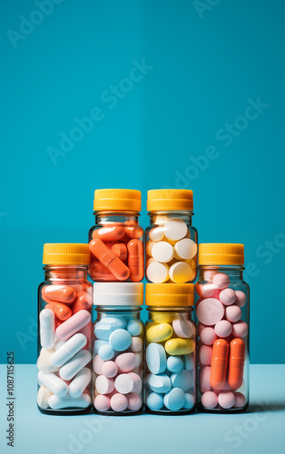  Multicoloured antibiotic pills on blue background