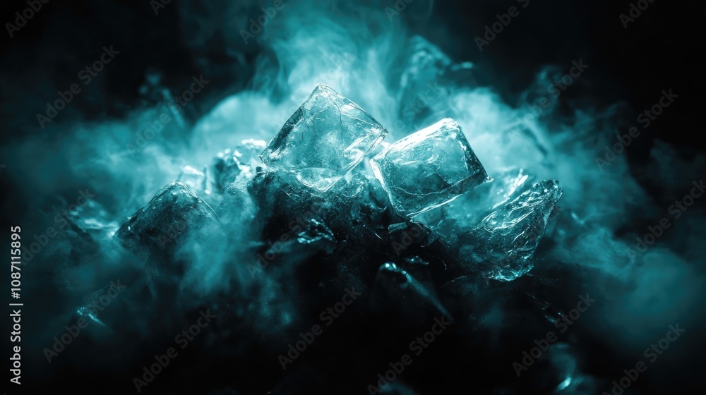 Crystalline ice formations shrouded in ethereal blue smoke, creating a captivating contrast and mysterious atmosphere. Crystalline ice formations shrouded in ethereal blue smoke, creating a captivating contrast and mysterious atmosphere.