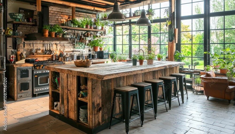 Unique Rustic Kitchen Island Design with Natural Light, Greenery, and Spacious Layout Perfect for Home Cooking and Family Gatherings Unique Rustic Kitchen Island Design with Natural Light, Greenery, and Spacious Layout Perfect for Home Cooking and Family Gatherings