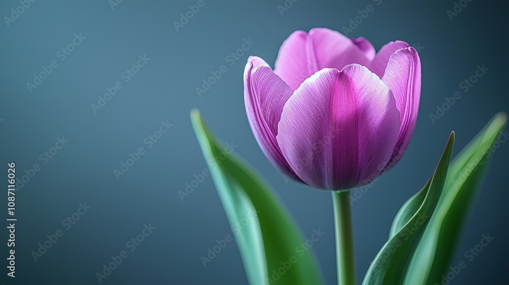 A close-up of a vibrant pink tulip against a soft blue background. A close-up of a vibrant pink tulip against a soft blue background.