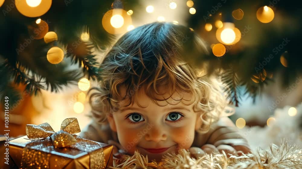 Child's delighted expression as they discover a hidden gift under the tree, with warm light highlighting their joy. 4K Video Child's delighted expression as they discover a hidden gift under the tree, with warm light highlighting their joy. 4K Video
