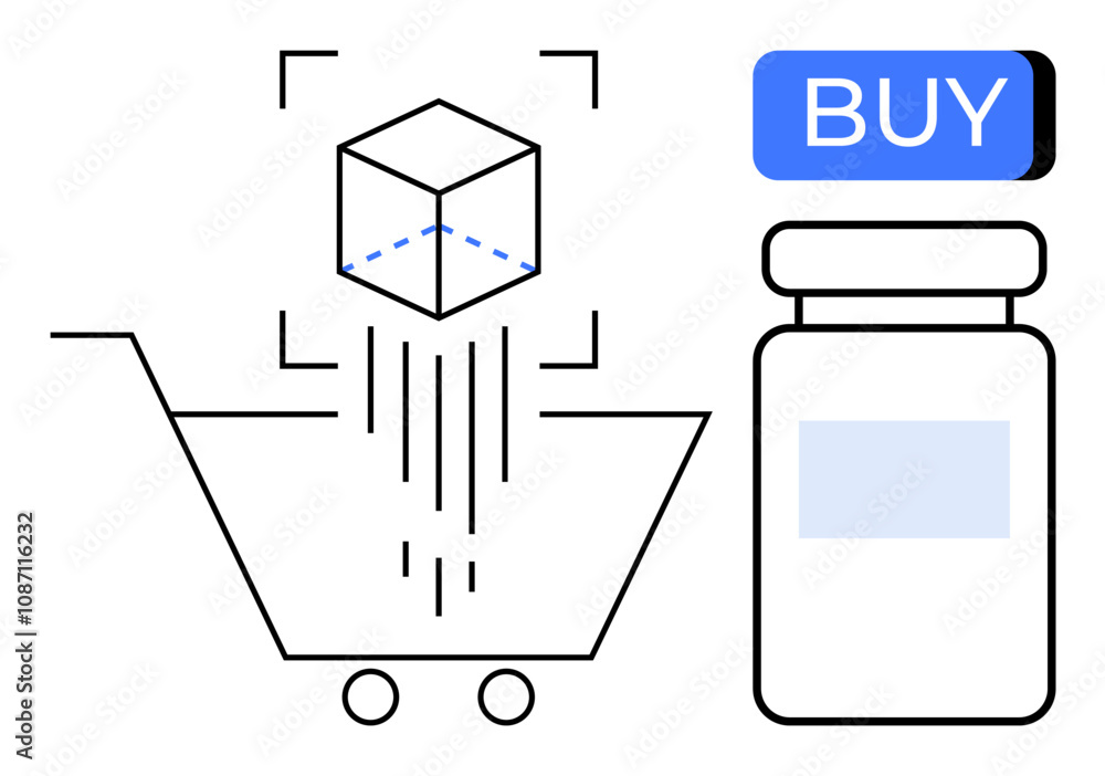 Shopping cart with a virtual 3D product, a blue BUY button, and a product bottle. Ideal for e-commerce, digital marketing, online payment, virtual reality shopping, retail technology, m-commerce Shopping cart with a virtual 3D product, a blue BUY button, and a product bottle. Ideal for e-commerce, digital marketing, online payment, virtual reality shopping, retail technology, m-commerce