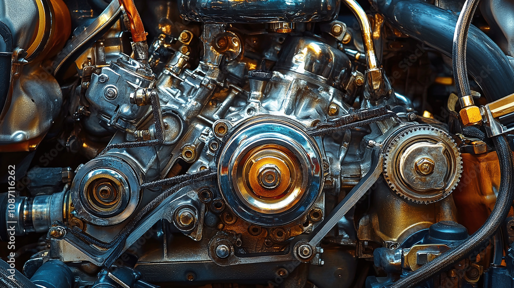 High-resolution close-up of a shiny, powerful car engine with intricate metallic components, perfect for automotive, engineering, and mechanical concepts. High-resolution close-up of a shiny, powerful car engine with intricate metallic components, perfect for automotive, engineering, and mechanical concepts.