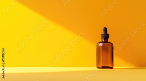 Amber glass cosmetic oil bottle with a dropper, set against a bright yellow backdrop, creating a lively and eye-catching visual contrast.