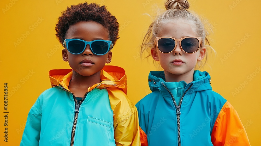 Two kids in colorful jackets and sunglasses pose against a yellow background. Two kids in colorful jackets and sunglasses pose against a yellow background.