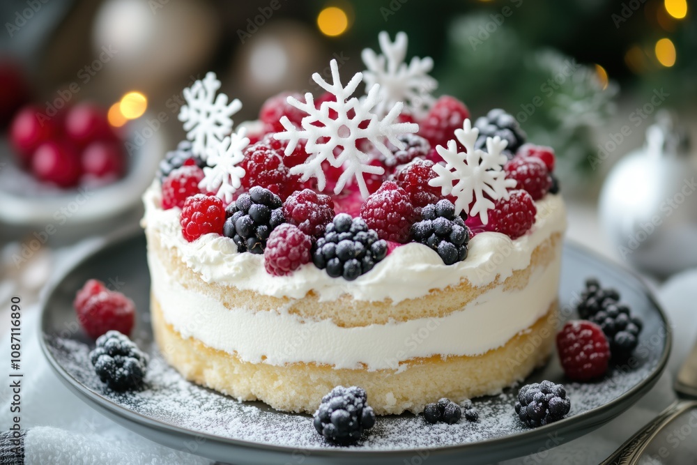Festive Christmas cake with snowflake decorations, adorned with fresh berries and cream cheese frosting, set on elegant plate against backdrop of holiday decor. Warm holiday feel, celebration concept. Festive Christmas cake with snowflake decorations, adorned with fresh berries and cream cheese frosting, set on elegant plate against backdrop of holiday decor. Warm holiday feel, celebration concept.