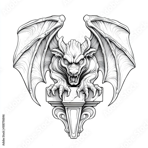 A detailed line drawing of a gargoyle with wings perched on a stone pillar. photo