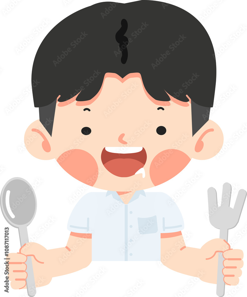 Kid boy hungry holding a fork and spoon Kid boy hungry holding a fork and spoon