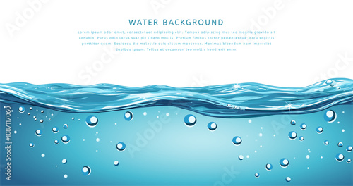 Water surface horizontal background. Tiney line of ripples little air bubbles. Boiling liquid close up blue sea waves underwater pool view. Place for text. Banner backdrop design. Cartoon style vector