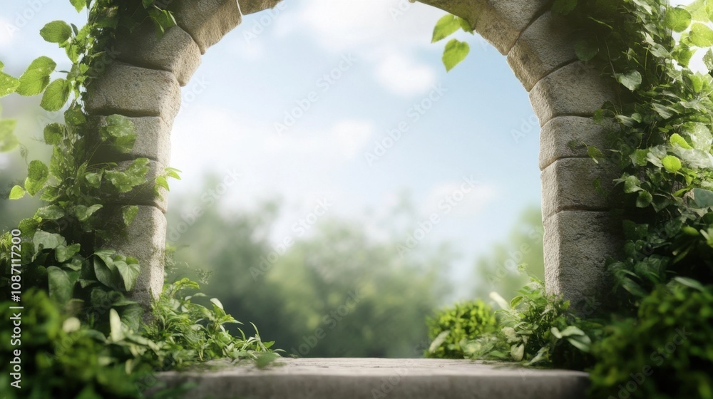 Fototapeta premium A stone archway covered in green vines leads to a serene garden view in bright daylight